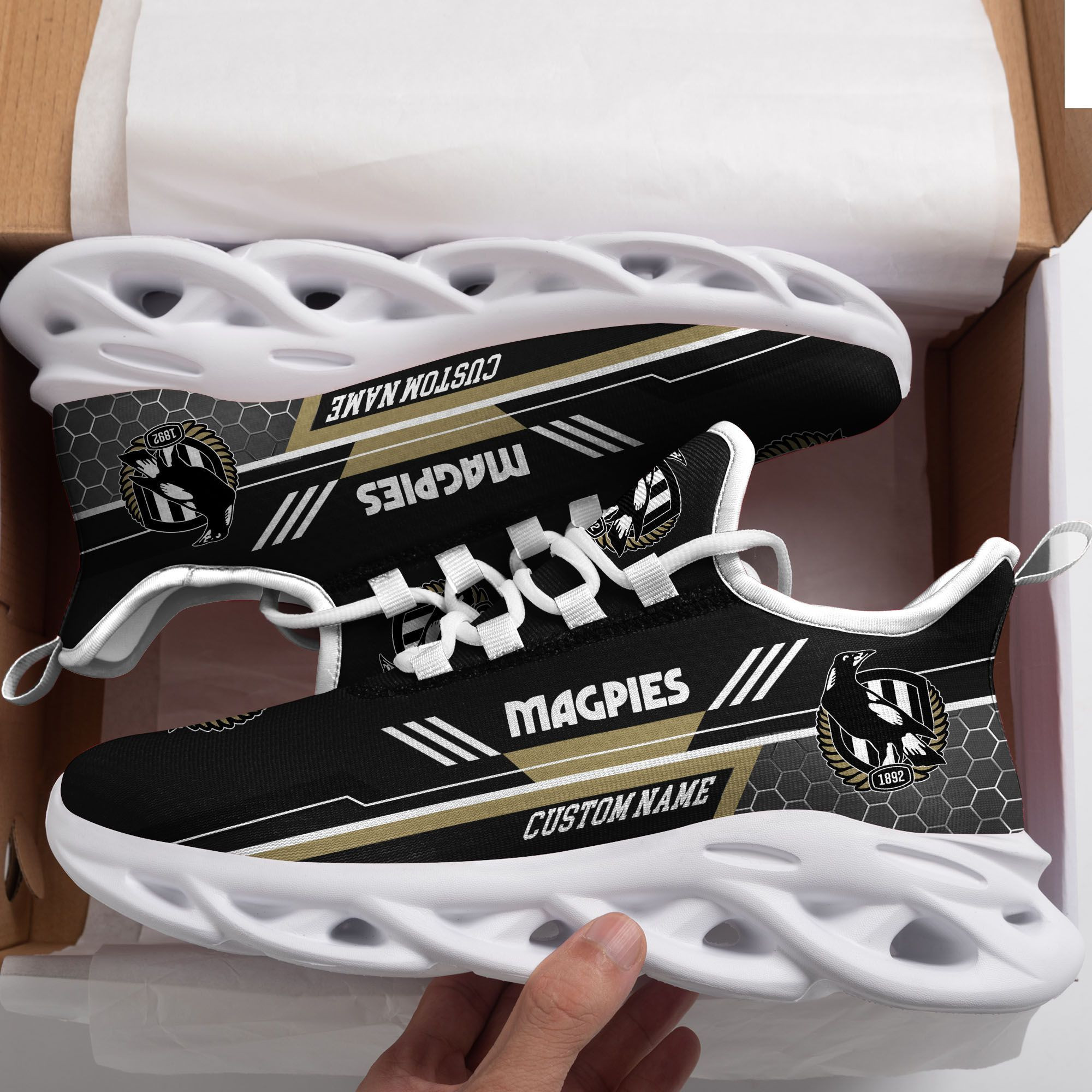 Collingwood Magpies Chaussures de baskets Max Soul personnalisées personnalisées
